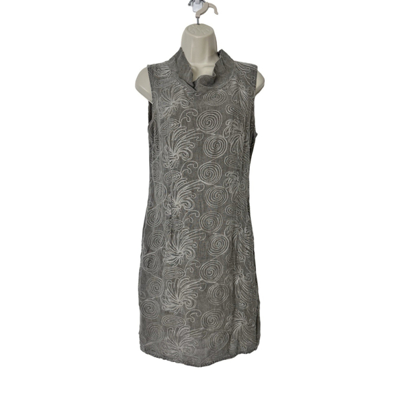 Lina Tomei 100% linen embroidered dress Large Gray Italy Cowl Neck Beach Pockets - Picture 2 of 11